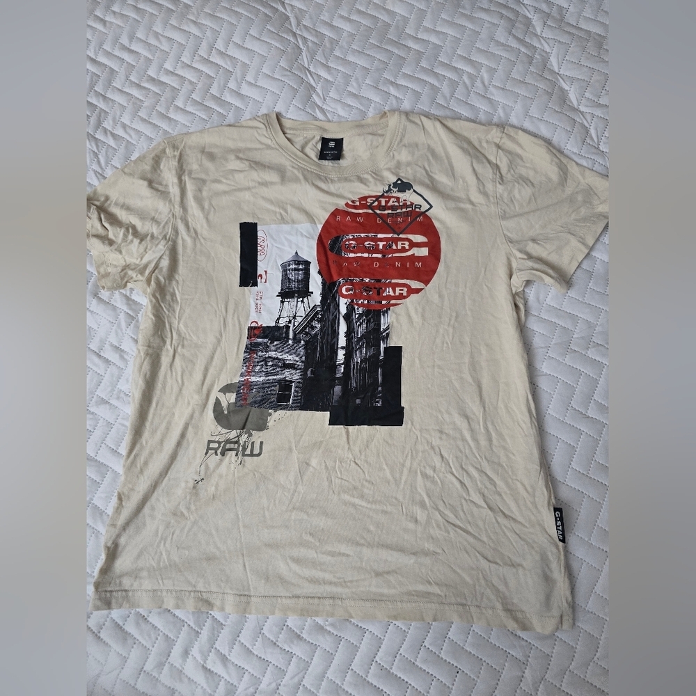 G-Star Cream and Red Building Graphic Tee